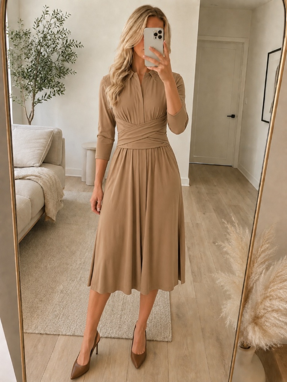MarlaWynne Tan Belted Midi Dress Size XS NWT